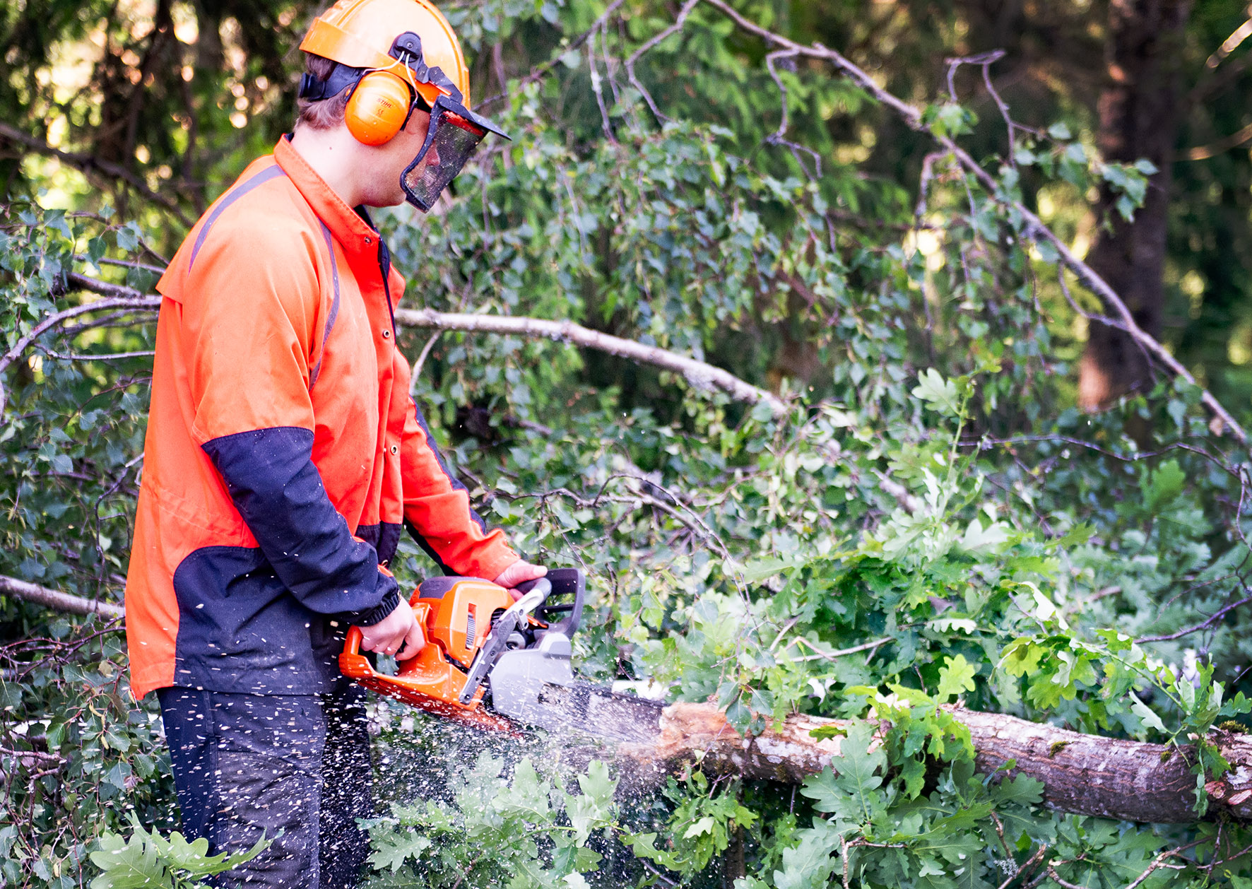 Medarbetare i Färgelanda kommun med motorsåg 