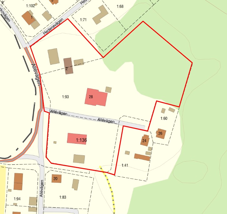 Gränsdragning på karta runt Allégården och församlingshemmet